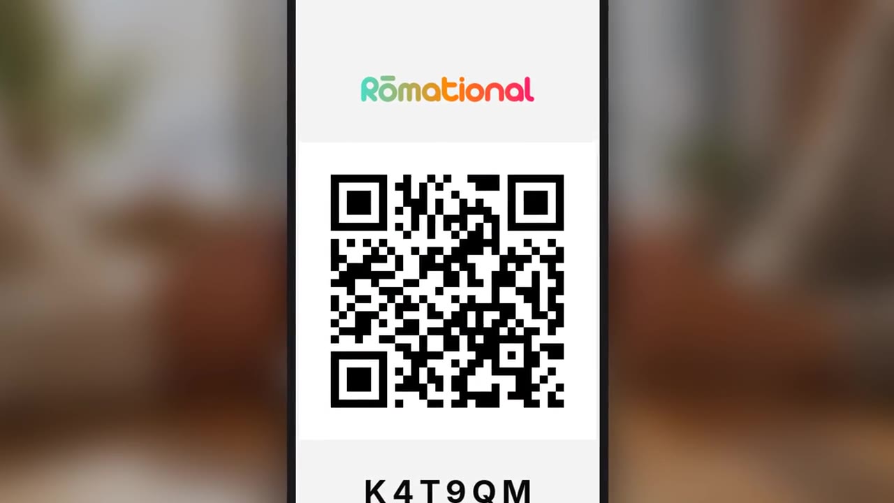 A phone screen showing a Rōmational connect code: the logotype, a QR code, and a six-character PIN