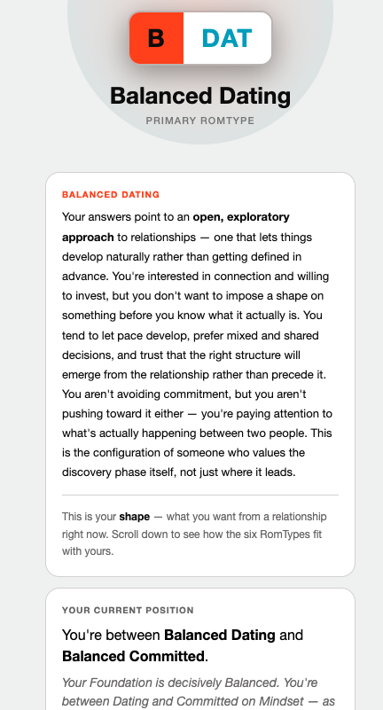 Alex's first RomType result screen showing BDAT, with the label Balanced Dating, an app description reading 'open, curious and emotionally present,' and strongest signals of Balanced 76%, Dating 63%, Casual 62%.
