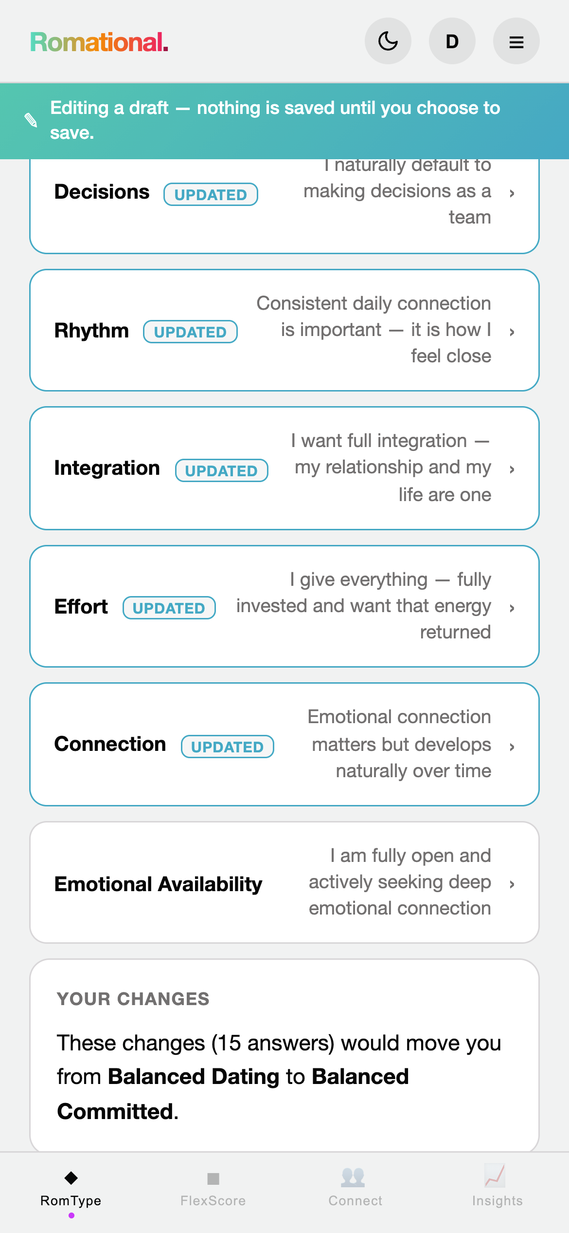 The mid-edit view showing six of Alex's RomType questions each marked UPDATED, with a YOUR CHANGES summary card at the bottom stating: 'These changes (15 answers) would move you from Balanced Dating to Balanced Committed.'
