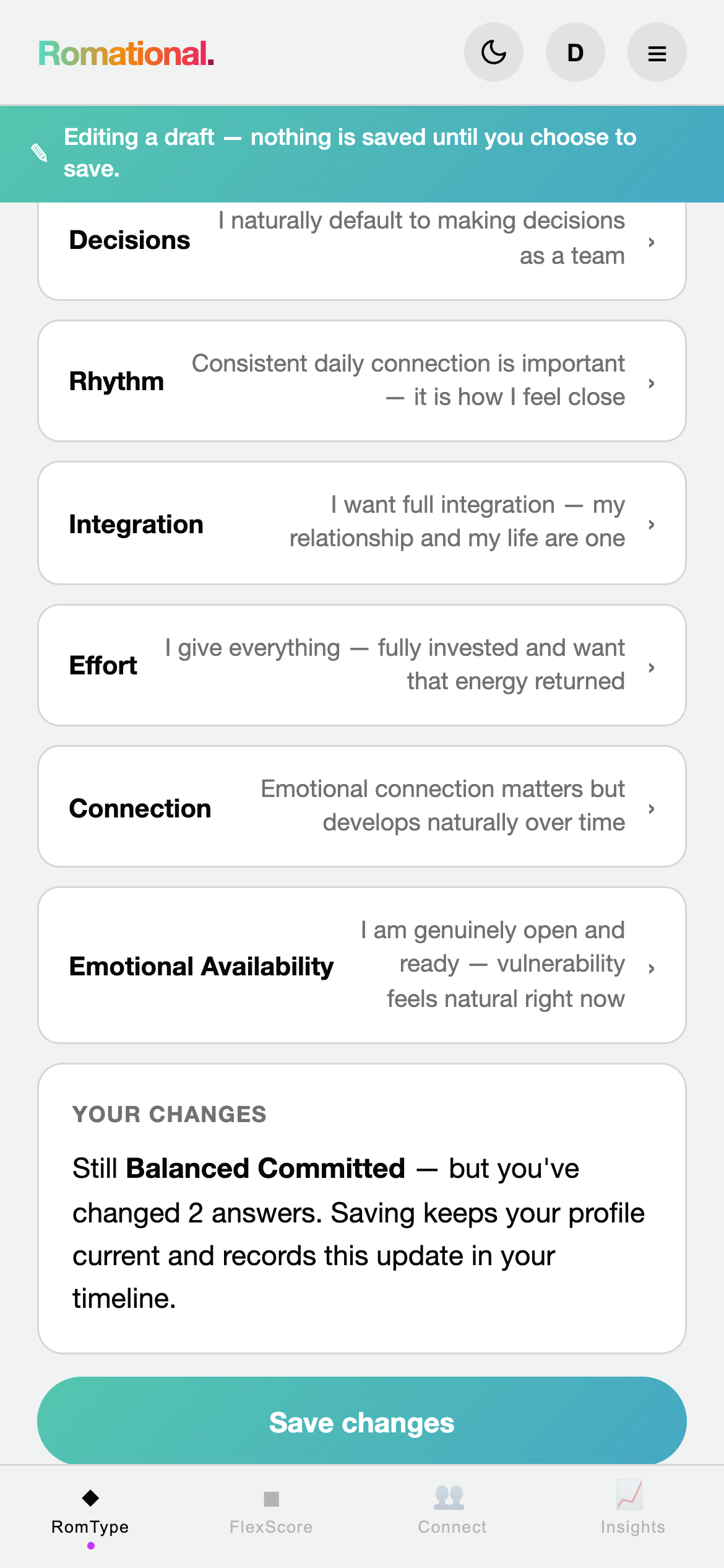 A YOUR CHANGES card from a later editing session: 'Still Balanced Committed — but you've changed 3 answers. Saving keeps your profile current and records this update in your timeline.' Save changes, Keep editing, and Done buttons below.