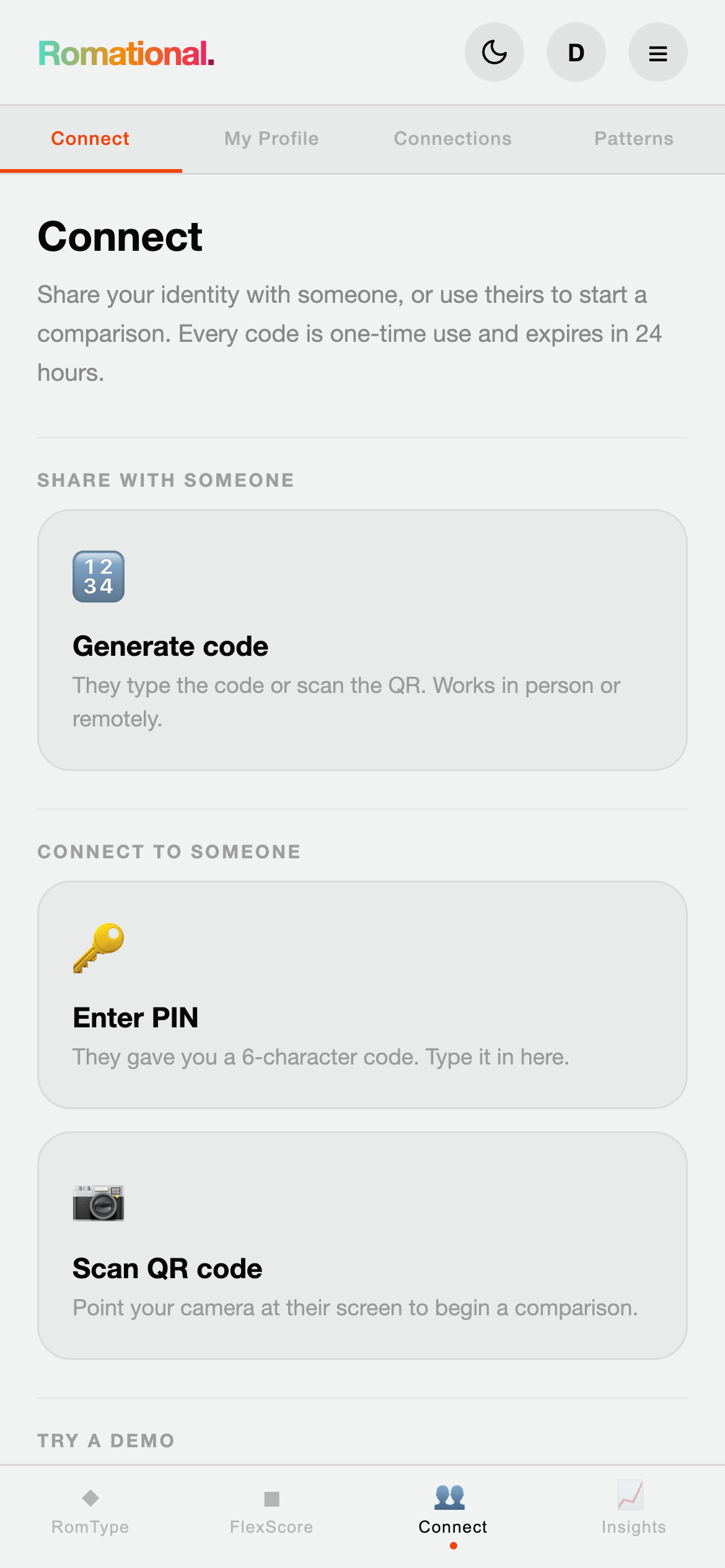 The Connect tab showing the generate-code and scan-QR options.