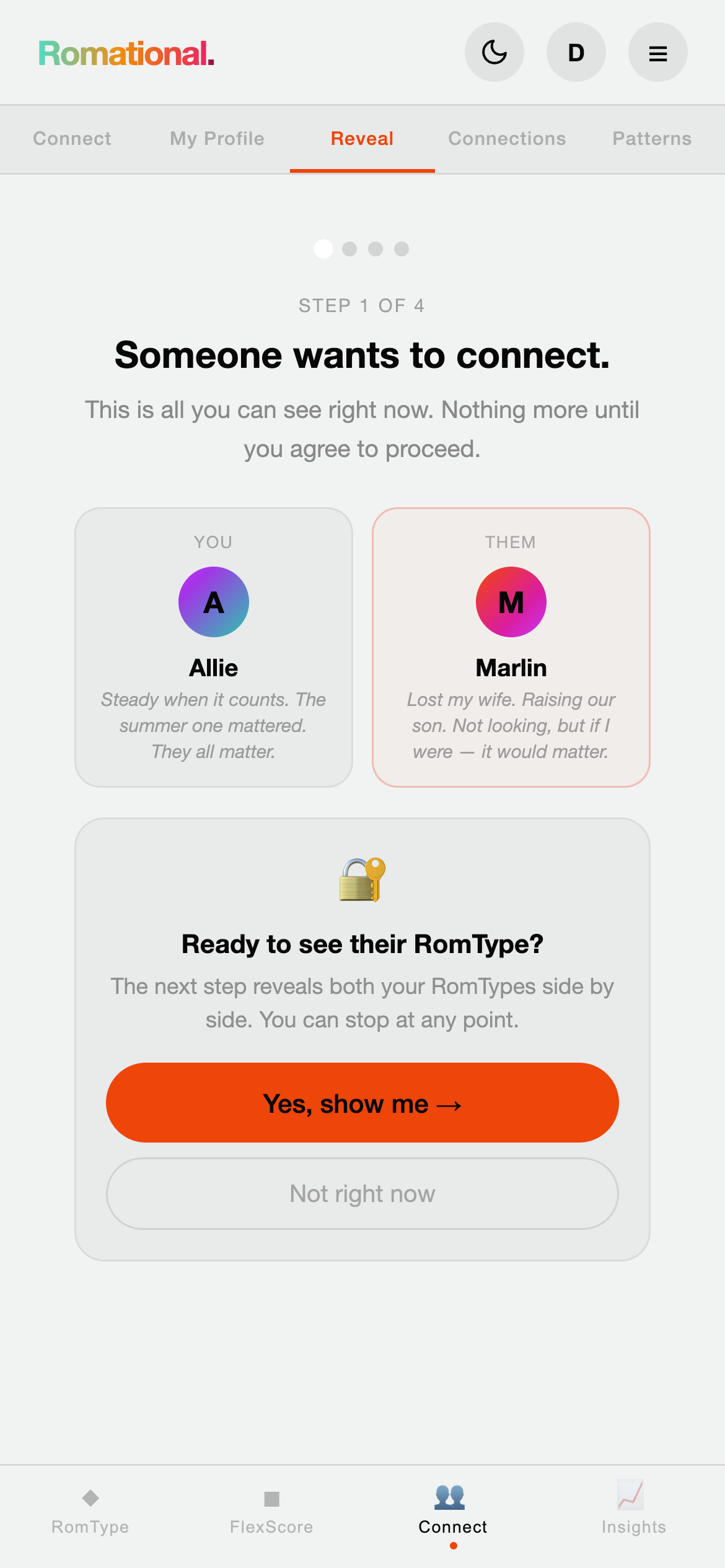 Step 1 of the reveal: a consent gate before anything is shared.